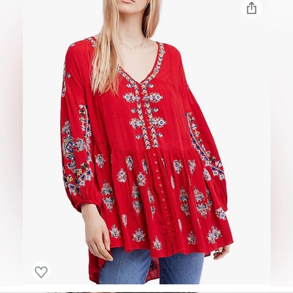Free People Red Arianna Embroidered Tunic/ Dress size XS - Picture 2 of 10